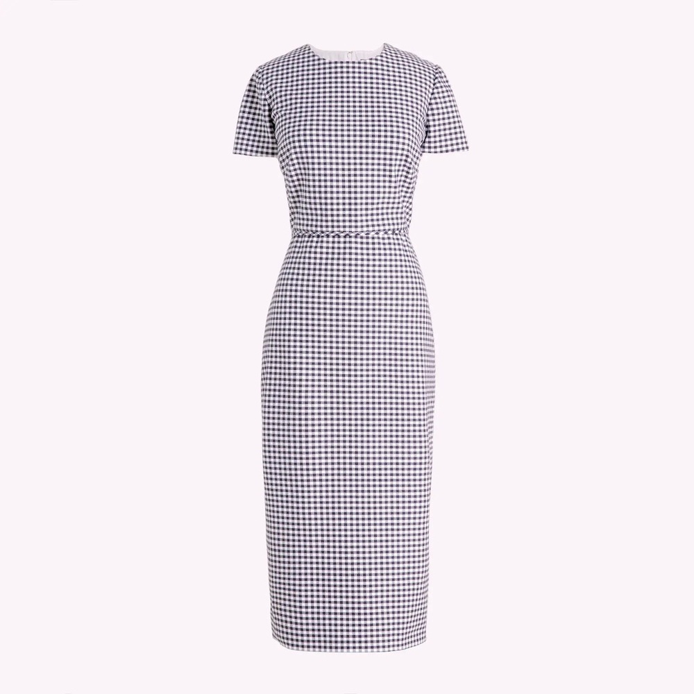 J. Crew Blue & White Gingham Classic Sheath Midi Dress with Sleeves sz 10
